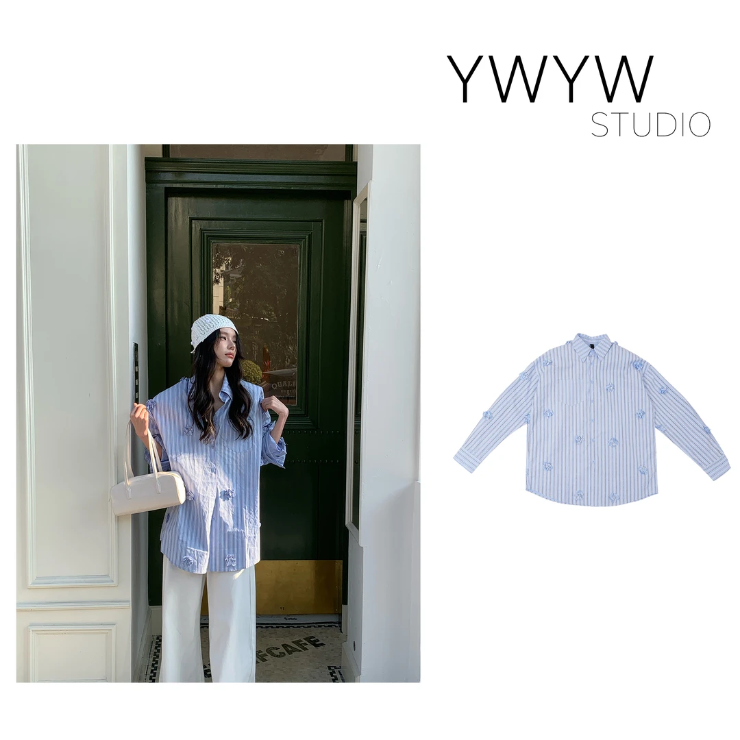 【YWYW25S/S】早春百搭宽松设计感条纹钉花工艺翻领衬衫3723
