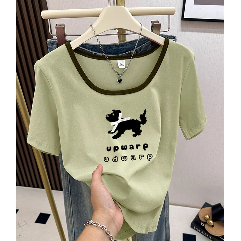 设计感小众方领正肩短袖t恤女2025新款时尚休闲洋气显瘦上衣夏季