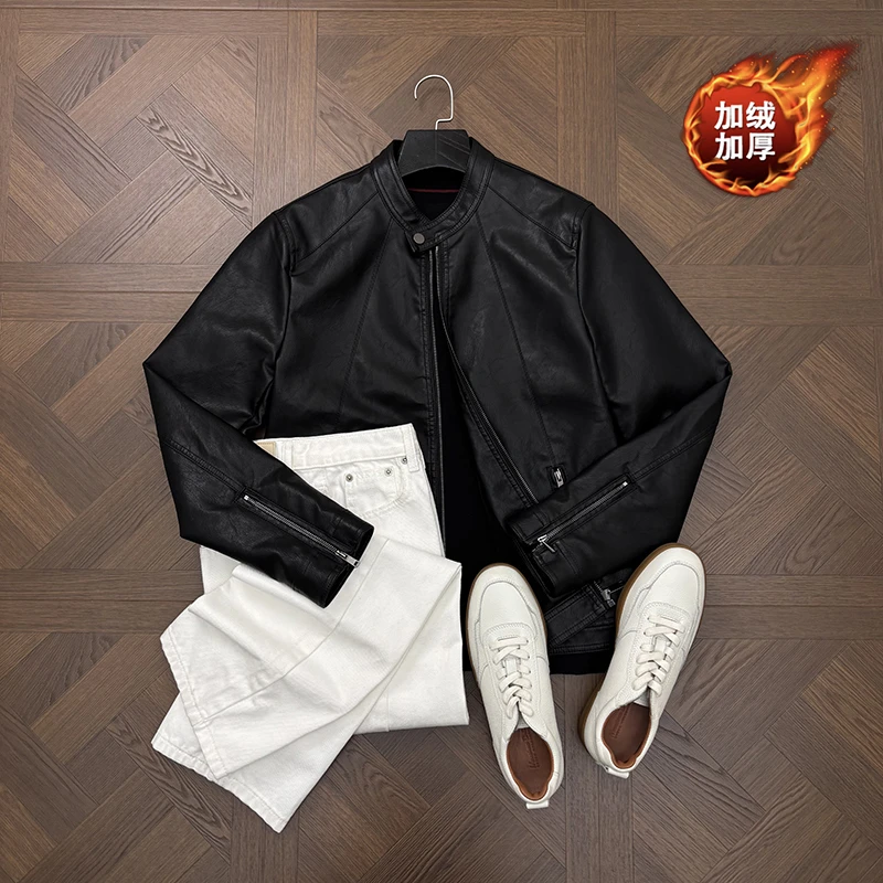 LANSIM· 冬季保暖加绒美式休闲立领皮衣男士痞帅高级感皮夹克外套