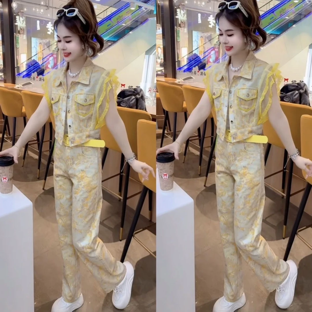 2025夏新款洋气妃子拼接提花晕染牛仔套装无袖马甲直筒长裤两件套