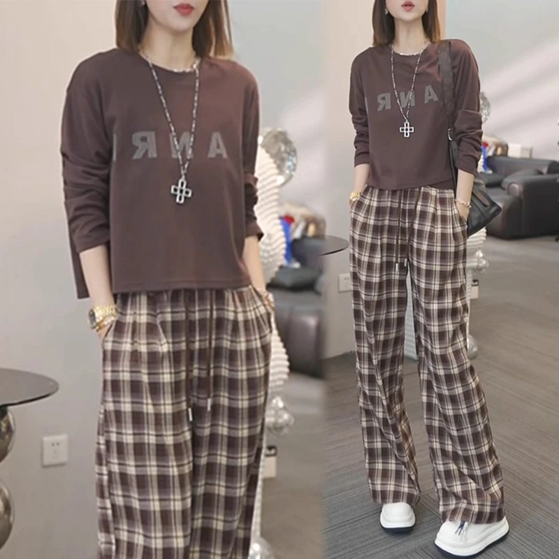 休闲老钱风慵懒风法式时尚印花长袖春秋上衣格子休闲阔腿裤套装