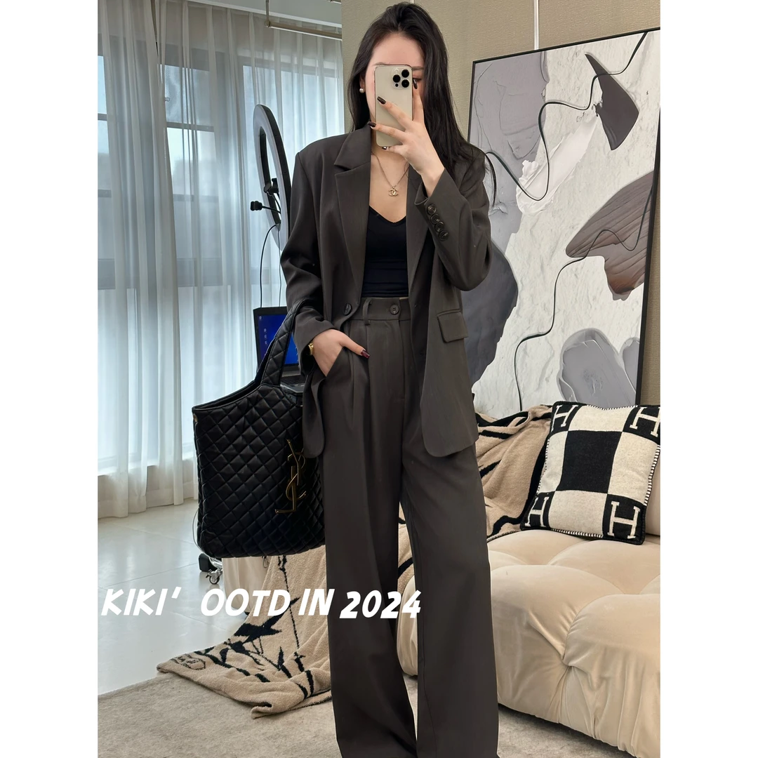 秋季潮流宽松西装外套女百搭设计师韩版直筒长裤西服裤子