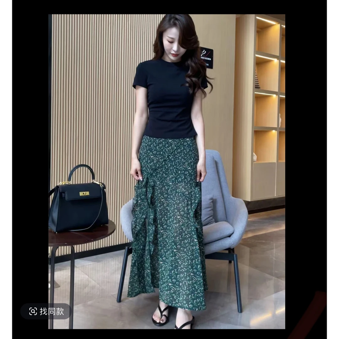 小众不规则印花开叉半身裙女2025夏季新款气质无袖财阀千金女装