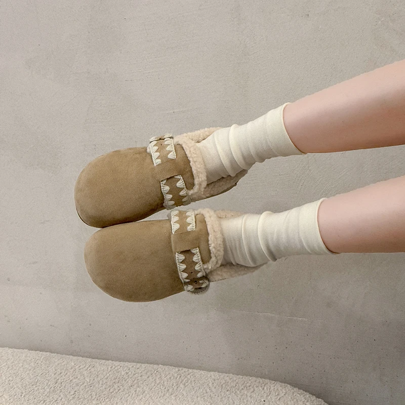 加绒全包勃肯鞋女冬2025新款一脚蹬平底加厚保暖棉鞋外穿雪地靴