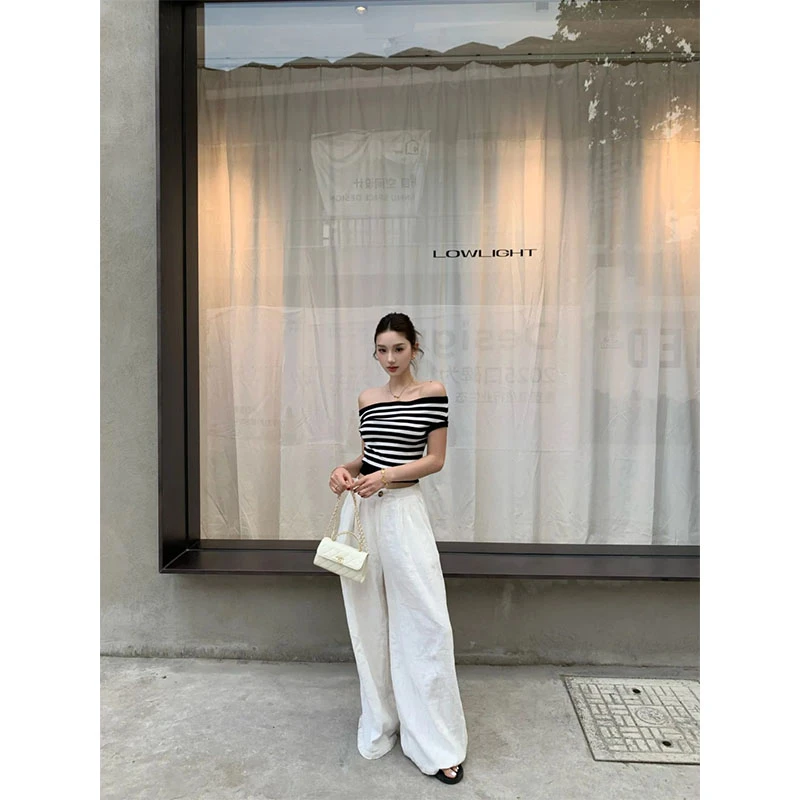 夏季新款休闲百搭小众气质网红炸街一字肩条纹上衣高腰直筒阔腿裤