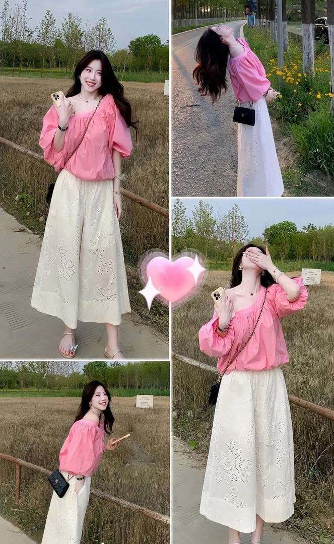 2025夏季新款韩系穿搭松弛感雪纺短袖上衣百搭阔腿裤显瘦两件套装