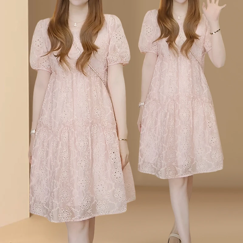 法式显瘦圆领纯色镂空连衣裙女2025夏季新款洋气休闲减龄短裙长裙
