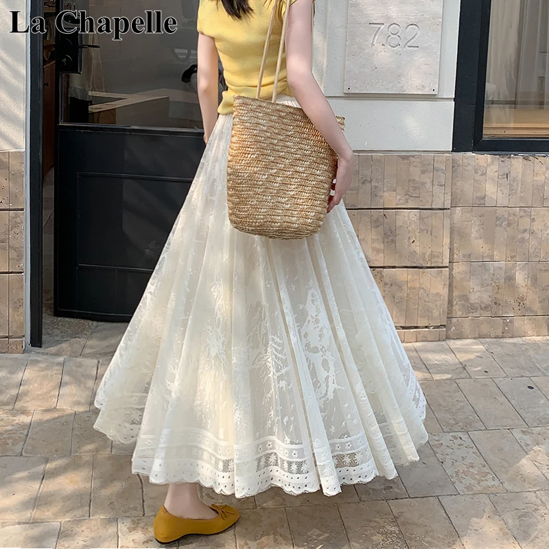 拉夏贝尔刺绣蕾丝半身裙大摆裙2025新款显瘦网纱裙两面穿百褶裙女