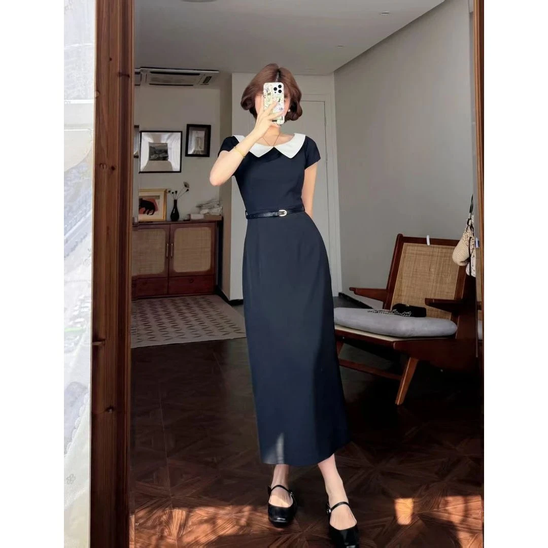 夏季法式复古赫本风精致气质连衣裙修身收腰显瘦撞色小众长裙子