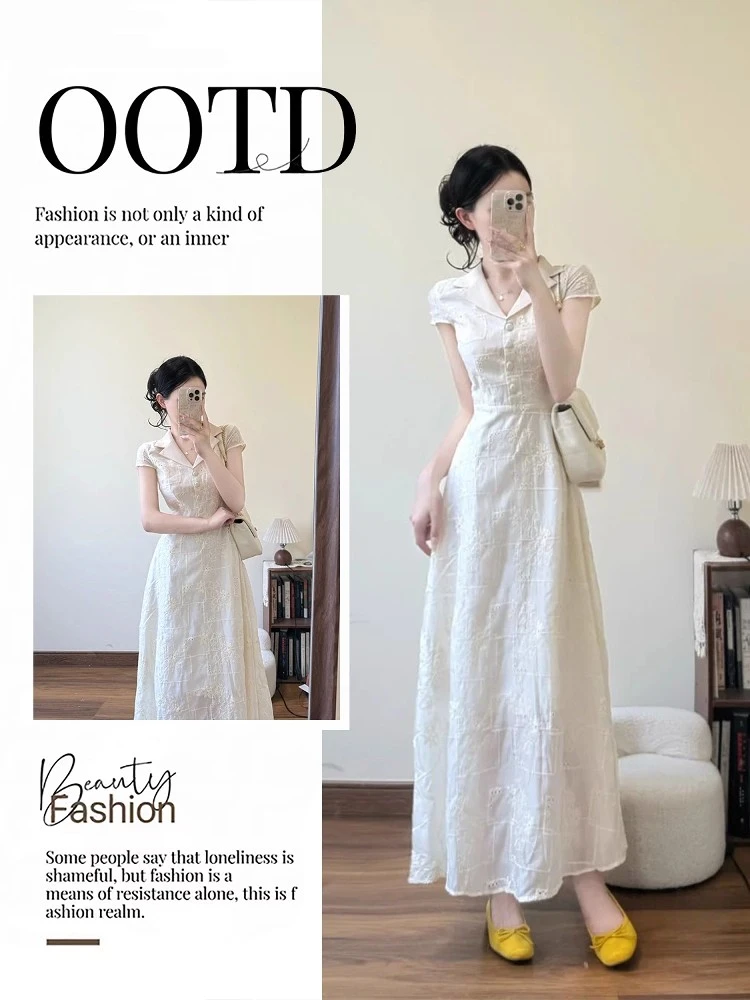 法式女神范复古刺绣连衣裙女2025夏季新款小个子绝美收腰气质长裙