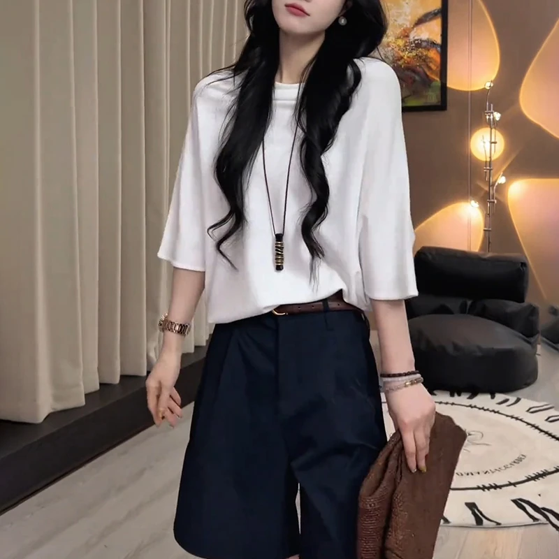 慵懒风高级感洋气衣服女夏季新款圆领五分袖T恤透气小衫百搭上衣