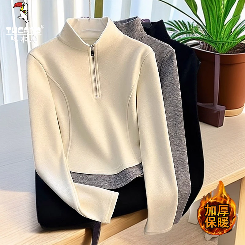 啄木鸟冬季德绒加厚立领半拉链长袖打底衫女修身显瘦内搭设计感