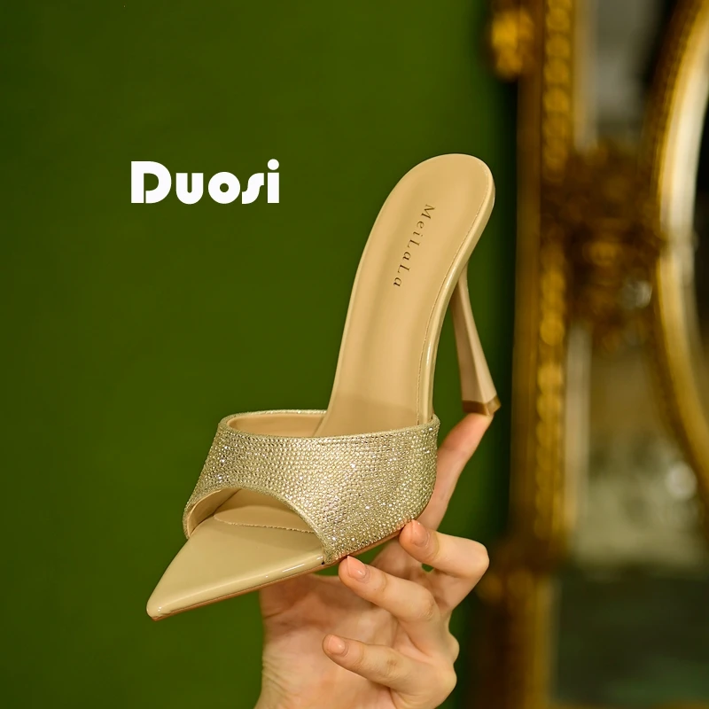 【DUOSI】9cm水外时尚金色凉拖鞋女夏网红细跟高跟一字拖外穿L850-2