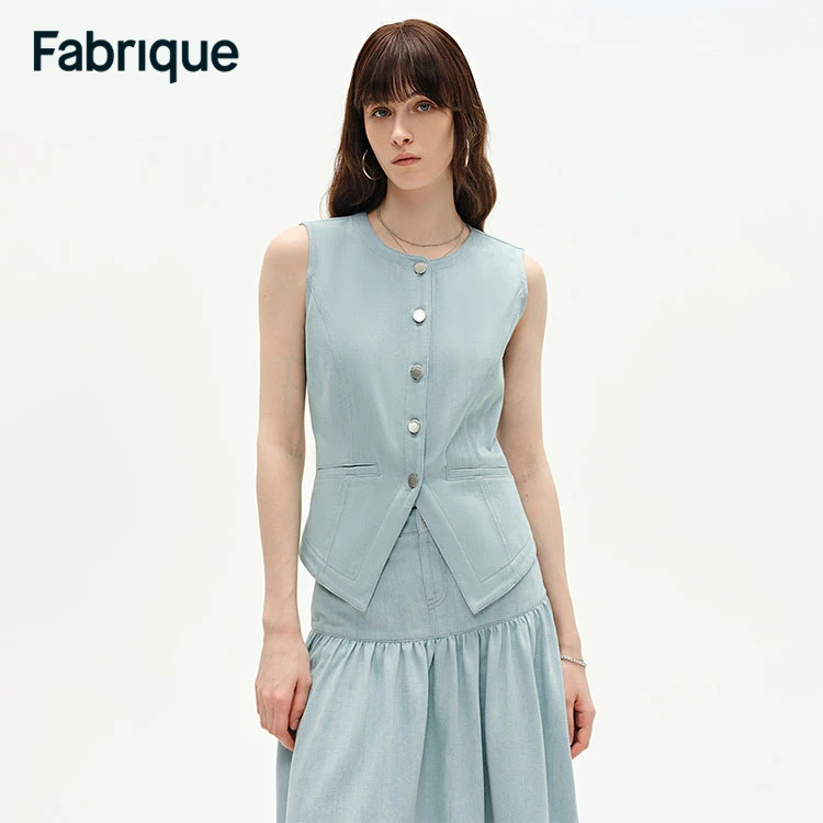Fabrique【海盐蓝】欧若风春夏新款水洗薄款圆领无袖时尚牛仔马甲