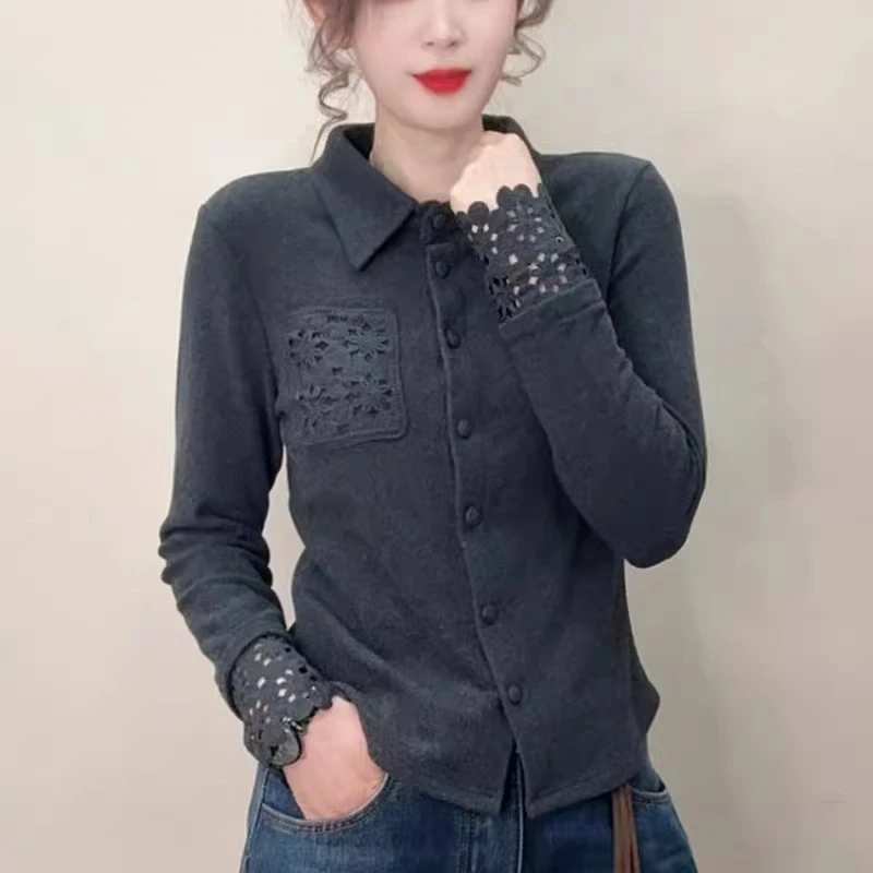 polo领德绒保暖打底衫女2025秋冬款韩版时尚镂空钩花洋气百搭上衣