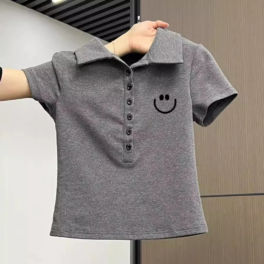 夏季灰色短袖t恤设计感polo领正肩女上衣夏季美式辣妹v领修身抽褶