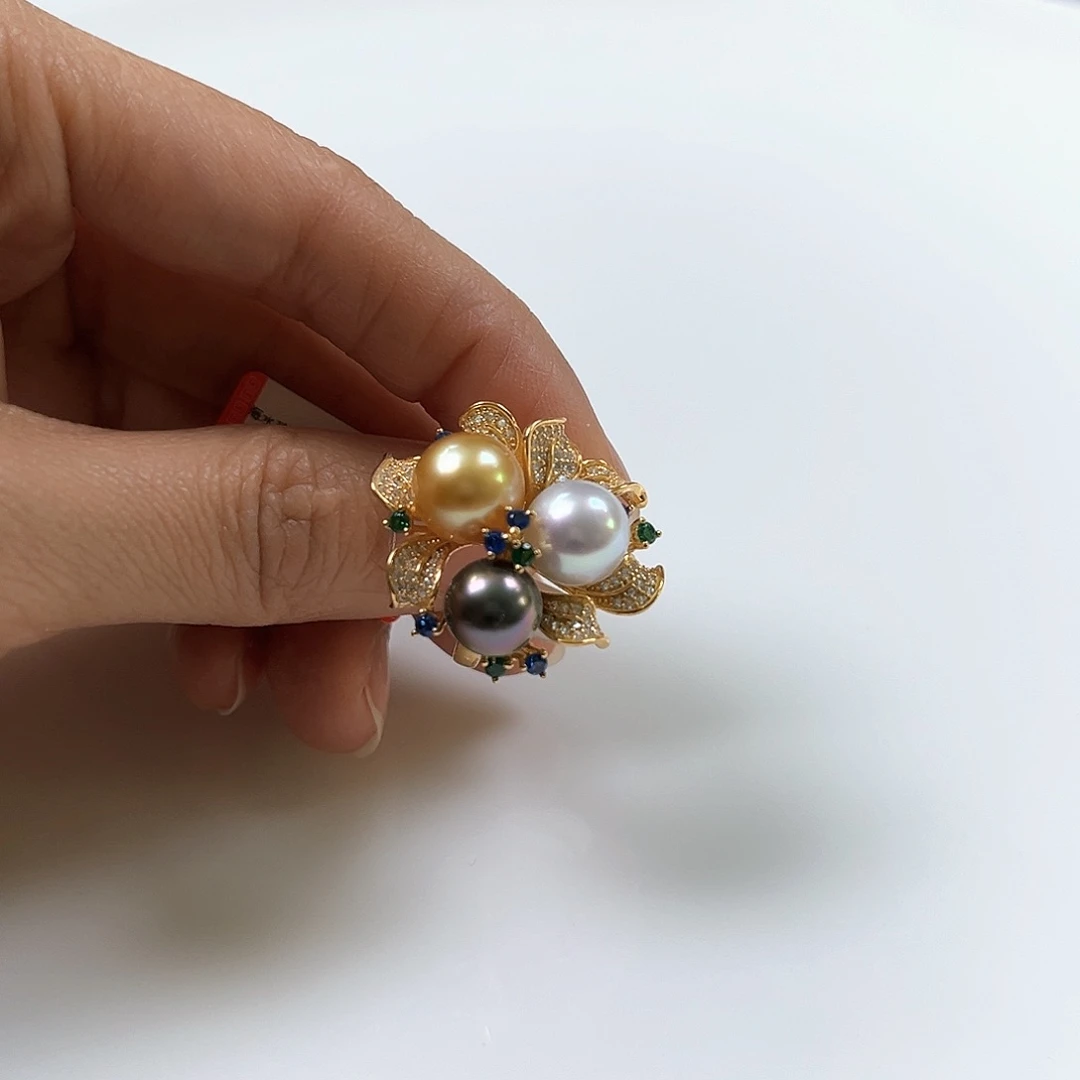 海水珍珠戒指银S925镶嵌澳白金珠大溪地