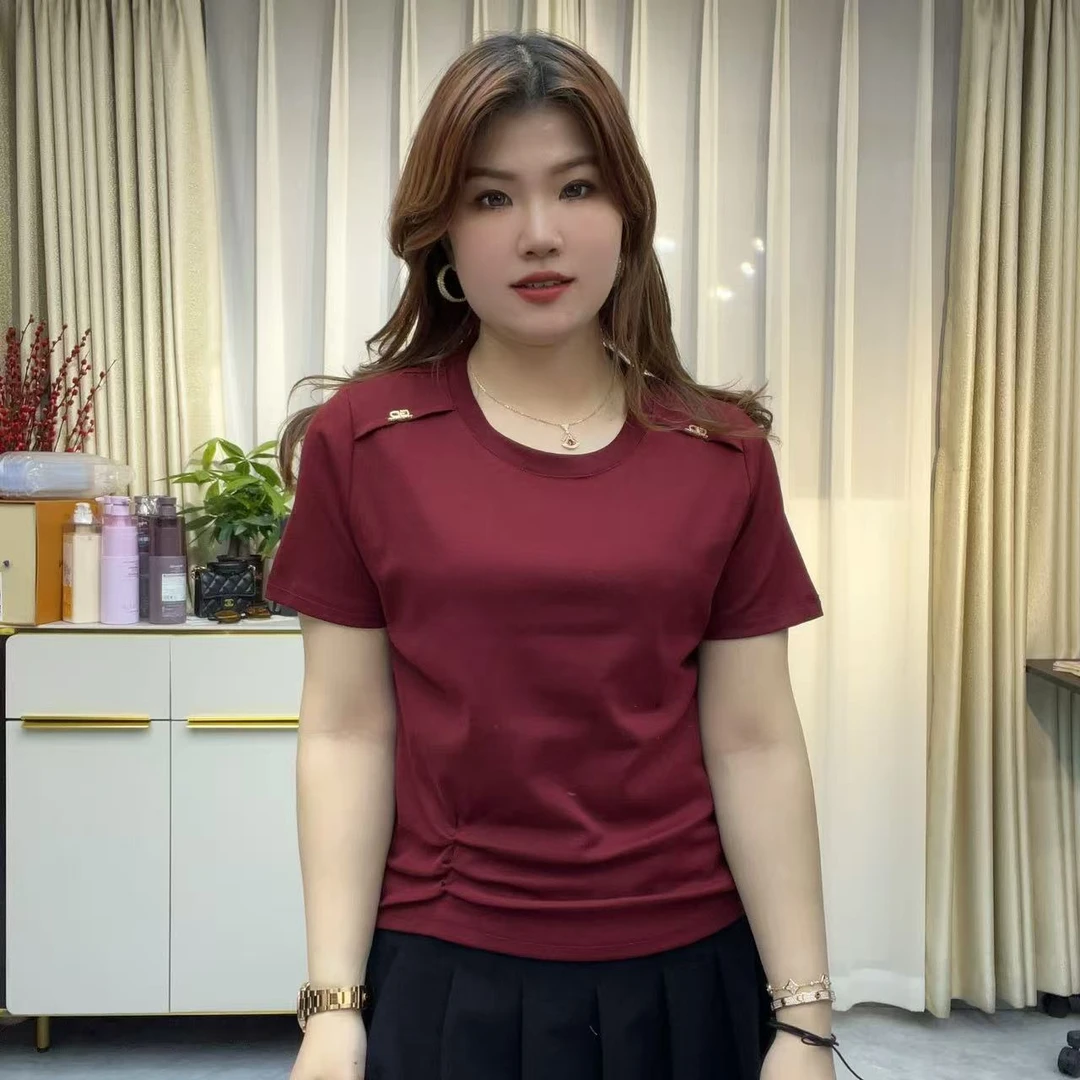小鑫肝@正肩圆领插肩袖装饰褶皱纯色百搭T恤 2851