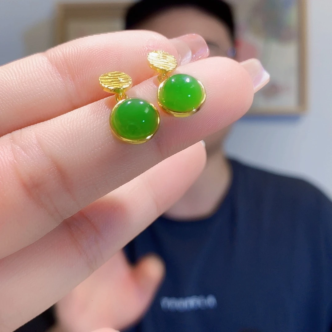 和田玉（碧玉）银S925镀金镶嵌耳饰