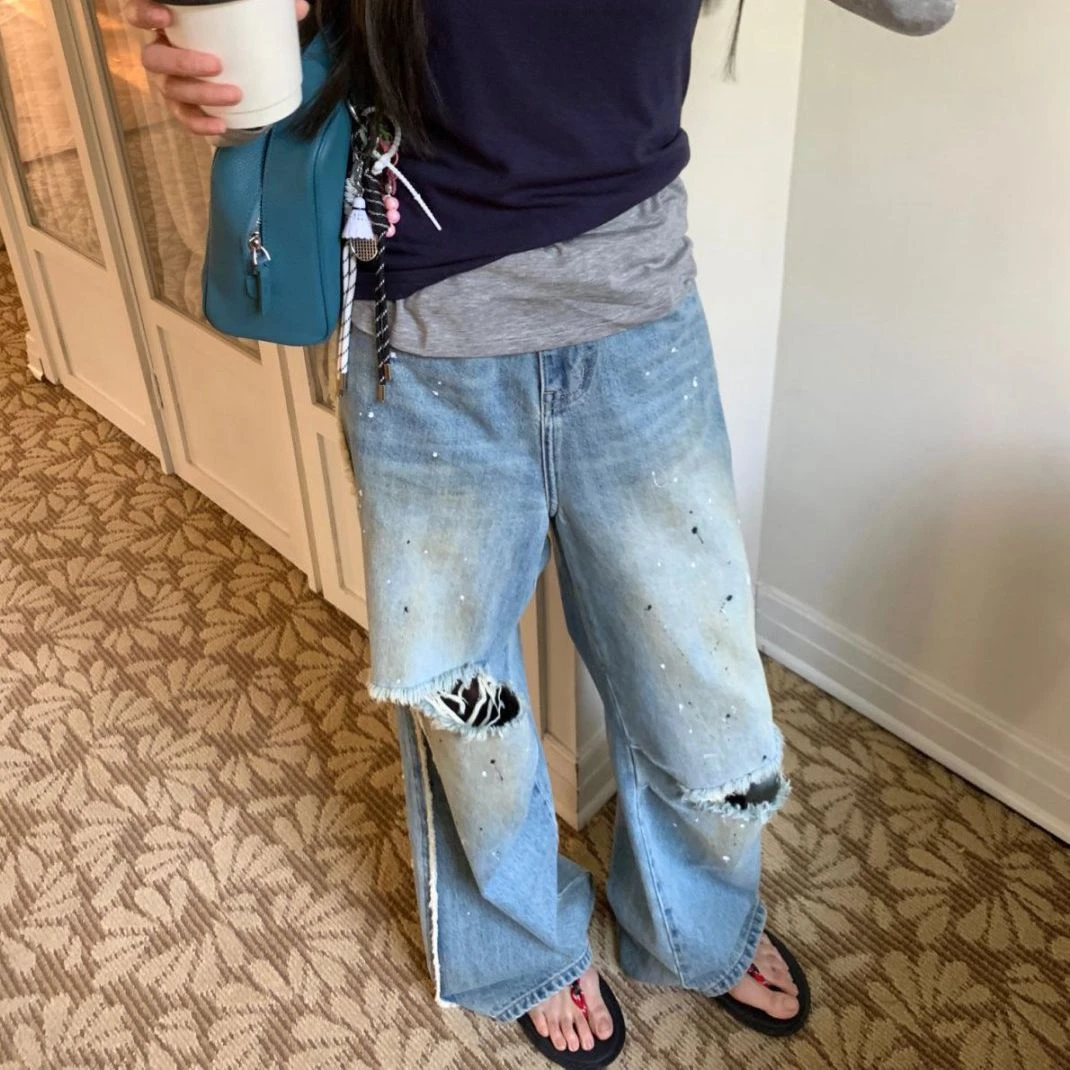 【YANAG】破洞泼墨水洗做旧牛仔裤