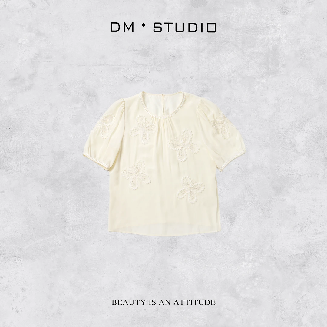 •STUDIO/100%桑蚕丝精致小众串珠绣花短袖上衣2504TX/WQX2625