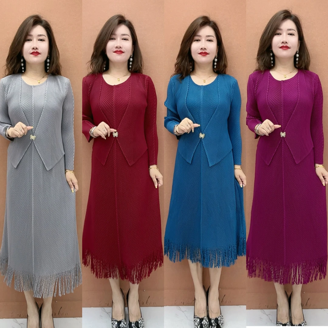 LHY简约时尚早秋新款假两件宽松版气质褶皱连衣裙胖mm