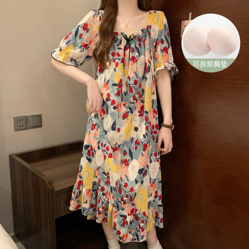 睡裙女夏季薄款带胸垫短袖泡泡棉性感法式睡衣碎花甜美宽松家居服