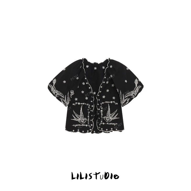 PCNY「燕归来」不理理夏季新款小众女装法式刺绣系带泡泡袖开衫上衣