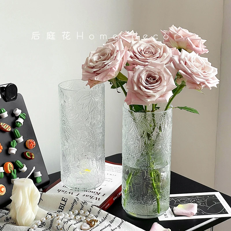 ins风浮雕向日葵玻璃花瓶透明水养鲜花绿植花器餐桌面摆件插花瓶