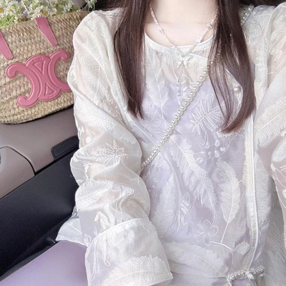 9881夏季新中式温柔风蕾丝刺绣雪纺衫显瘦藏肉吊带连衣裙两件套装