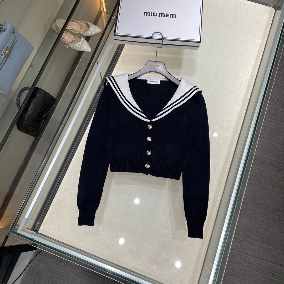 深圳南油高端女装秋冬季法式学院风海军领条纹短款毛针织开衫上衣