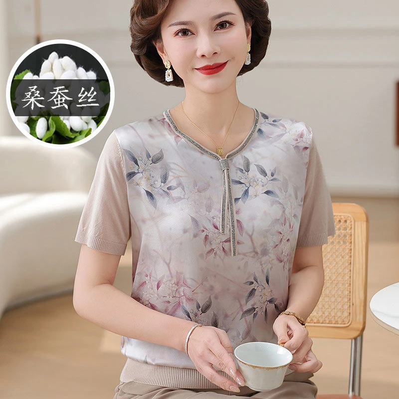中老年女夏季桑蚕丝圆领T恤上衣新款妈妈夏装真丝印花减龄小衫薄