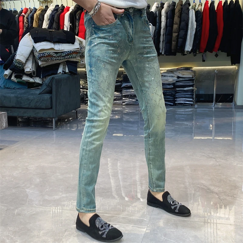 【也许家】新品男士夏季时尚烫钻修身弹力牛仔裤显瘦小脚裤BB606
