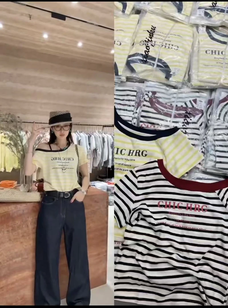 条纹宽松斜肩T恤