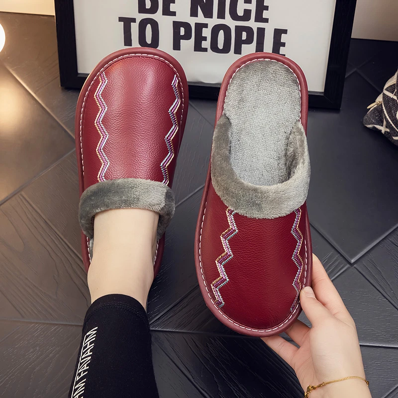 牛皮棉拖鞋男女秋冬季家用室内厚底防滑防水家居地板情侣保暖拖鞋