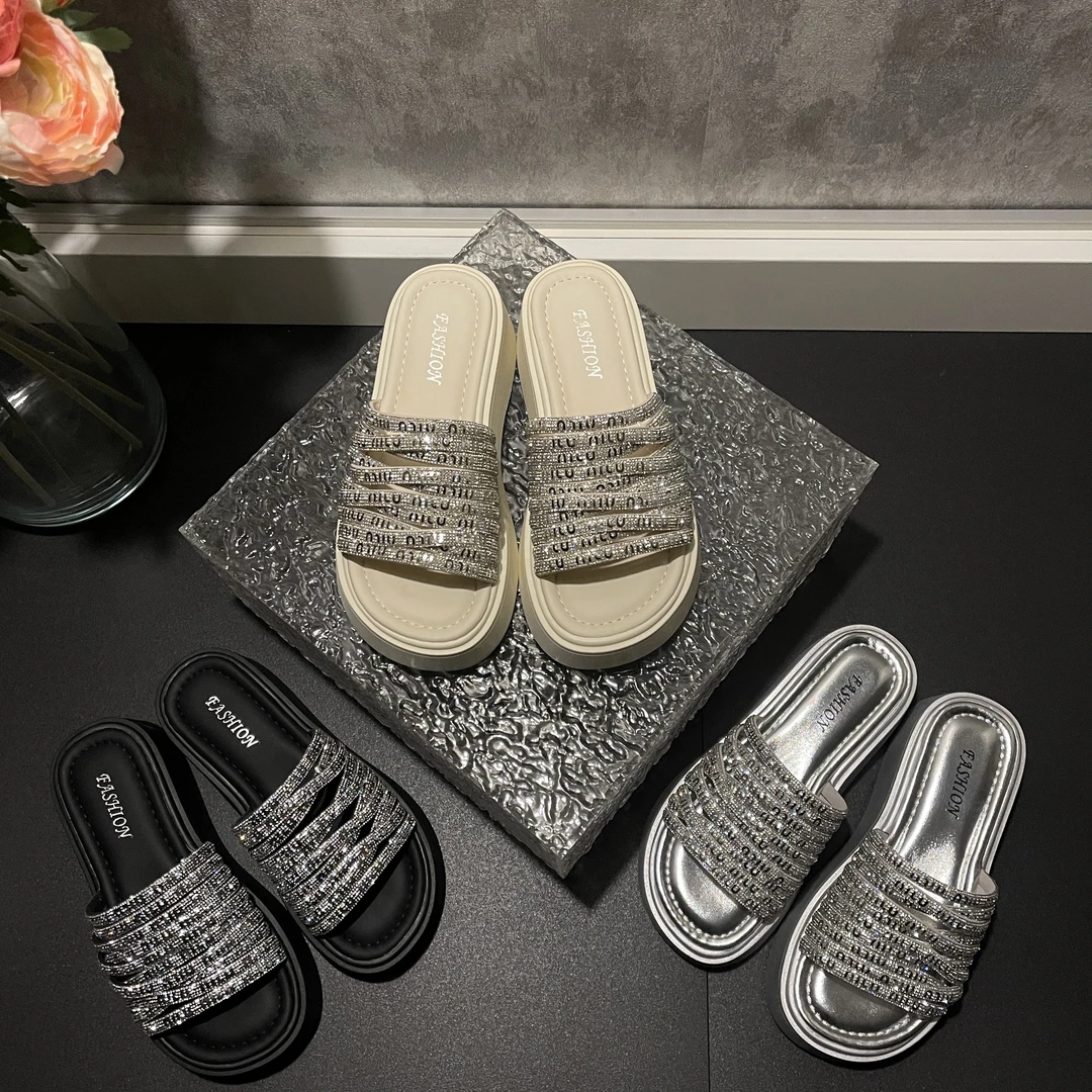 2025夏季新款水钻条气质款网红时尚百搭简约外穿厚底舒适拖鞋-5CM