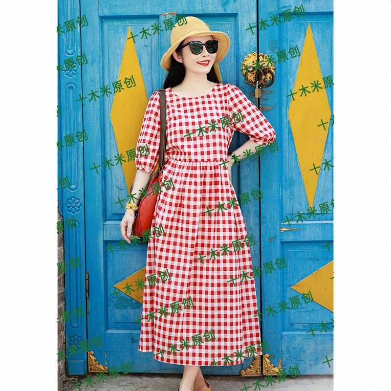 童话/十木米原创夏新款百分百棉盐缩格子印花文艺气质连衣裙