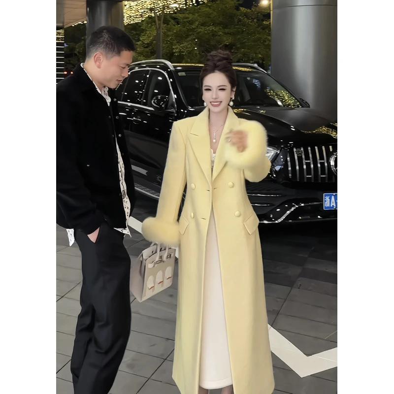 【冬装新款】DY61冬季时尚气质大翻领双排扣羊毛呢大衣长款狐狸毛袖