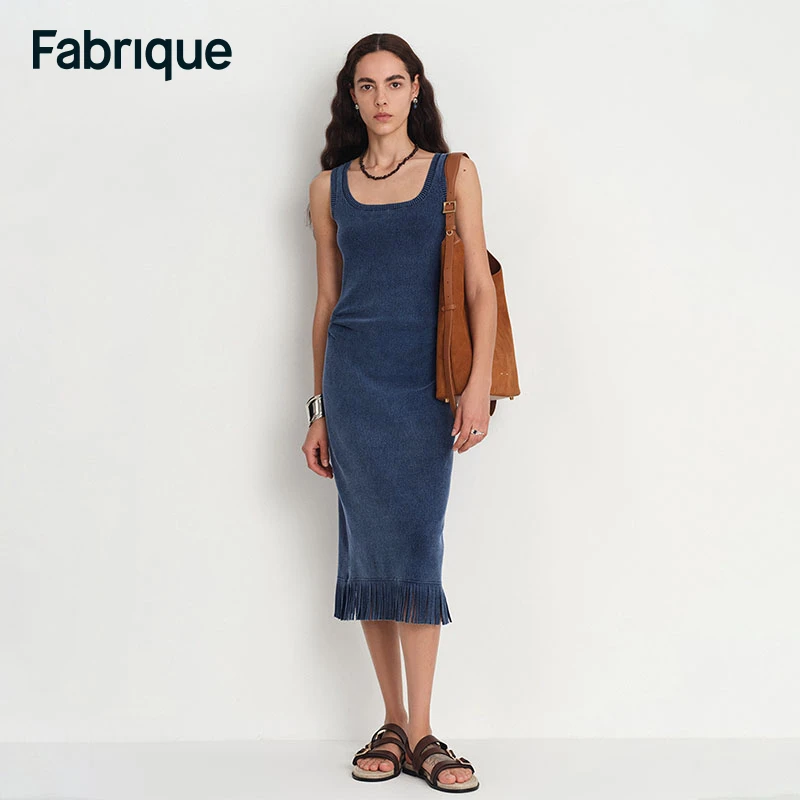 Fabrique Erek 春夏新款复古蓝棉针织牛仔方领流苏休闲百搭连衣裙