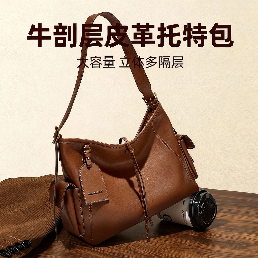 红蜻蜓2025新款植鞣牛皮大容量托特包时尚百搭女士单肩包包妈妈包