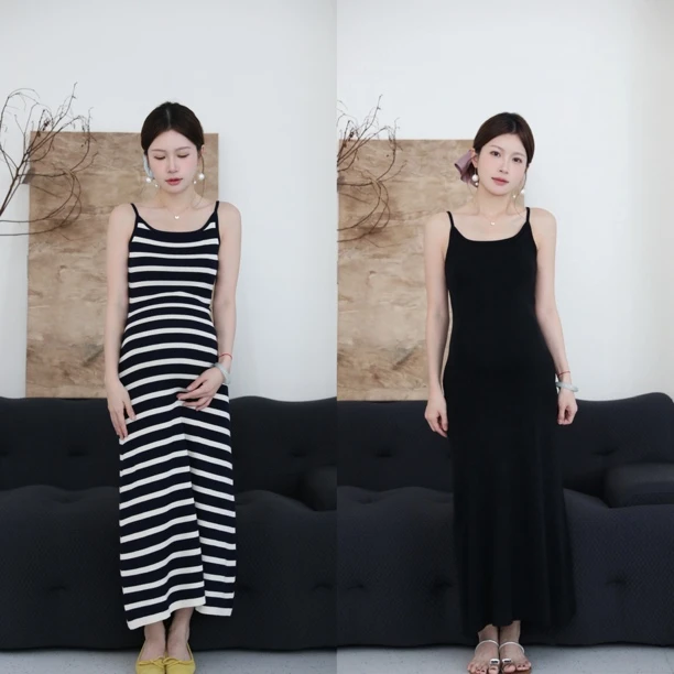 senenmu 新款高支高弹条纹吊带连衣裙显瘦长款孕妇装