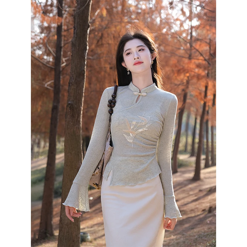 凌茜【半卷清词】新中式改良针织坑条旗袍上衣梭织提花优雅半身裙