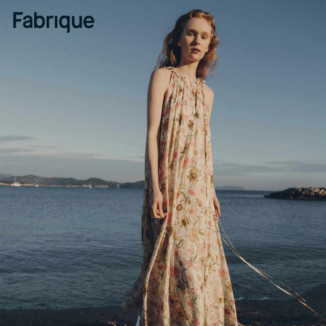 【Fabrique】 Alice 春夏新款虞美人印花桑蚕丝碎花宽松挂脖连衣裙