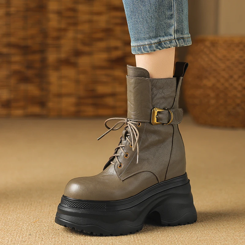 真皮12cm内增高马丁靴女英伦风厚底松糕超高跟单靴小个子加绒短靴