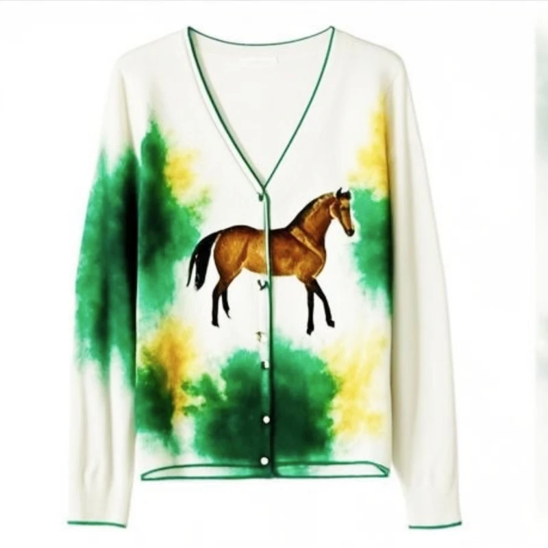 新2025春季时尚百搭桑蚕丝印花女士休闲长袖V领开衫-新9