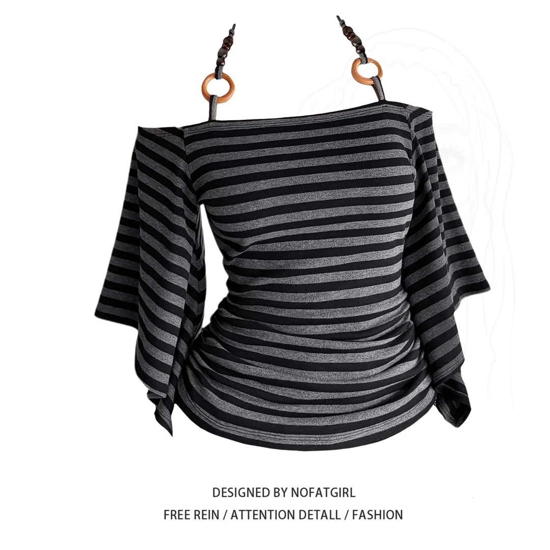 大码胖MM韩系复古条纹一字肩挂脖T恤女夏2025新款收腰设计感上衣