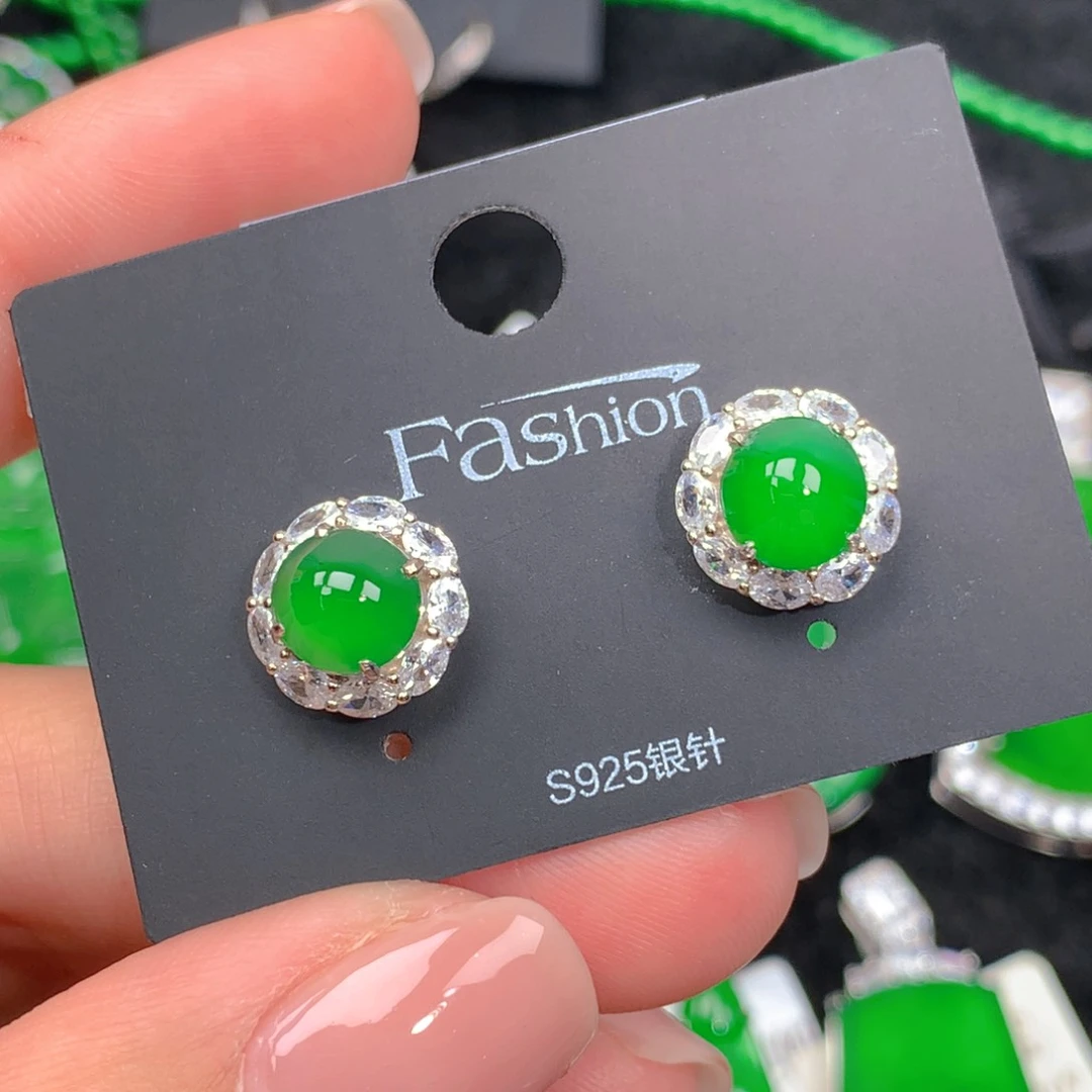 翡翠耳钉银S925镶嵌翡翠