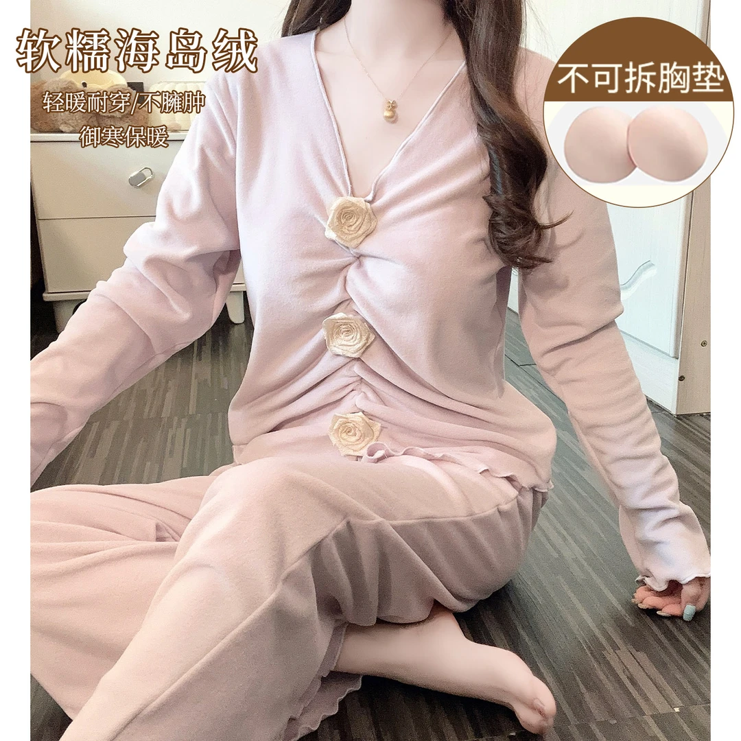 秋冬季睡衣女款带胸垫温柔甜美花朵装饰2025新款海岛绒家居服套装