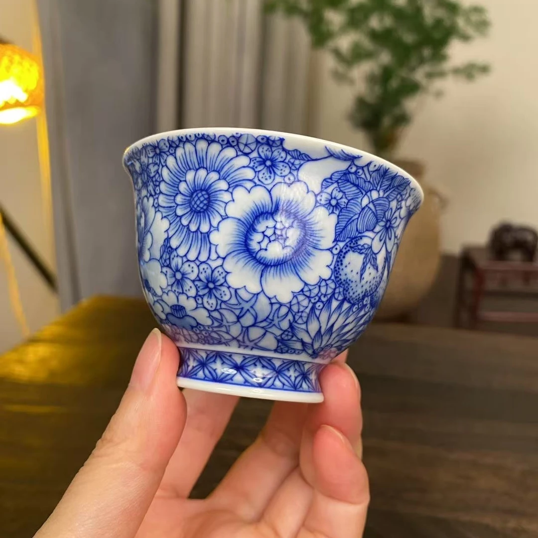 【四悦茶陶】青花万花铃铛杯 景德镇陶瓷手工手绘容量90毫升