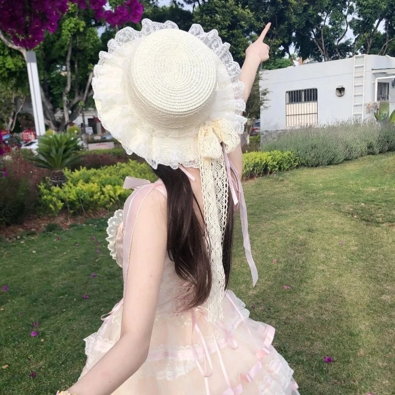 ins森系花朵沙滩遮阳洛丽塔草帽蕾丝法式蝴蝶结防晒飘带草编帽maz